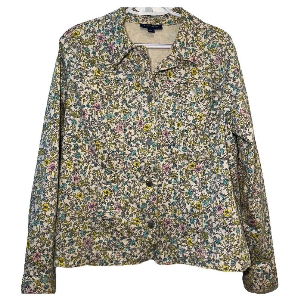 Charter Club Floral Denim Jacket Women XL Stretch Cotton Button Front